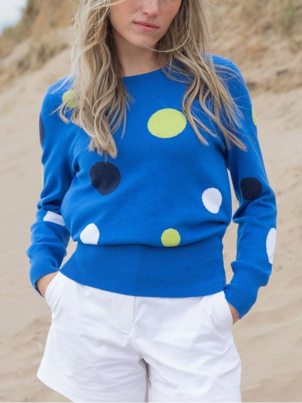 MARBLE Cobalt Blue Sweater with Lime, Navy and White Spots